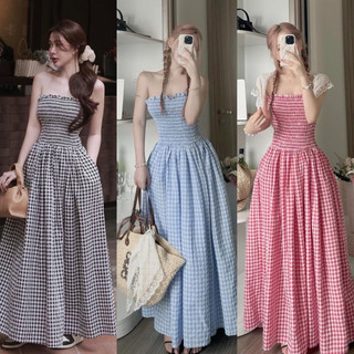  Váy maxi quây kẻ caro chun ngực dáng siêu dài đi biển sống ảo cực đẹp