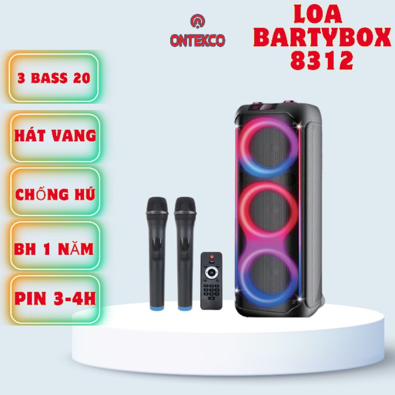 Loa kéo ONTEKCO bluetooth Partybox 8312 bass 20[ BẢO HÀNH 12 THÁNG ], tay mic đi kèm tần số UHF, đèn led RGB