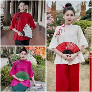 Đồ lam đi chùa # mẫu gấm cổ lệch 3 nơ # quần áo nữ cao cấp