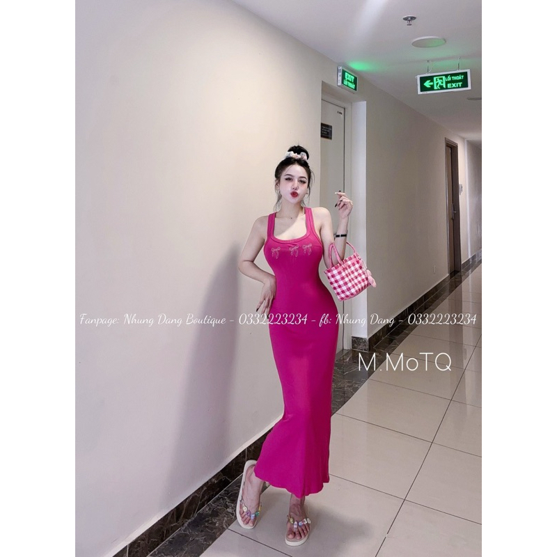 Đầm body ba lỗ thêu nơ ngực dáng dài siêu tôn các vòng
