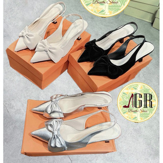 Sandal cao gót nơ da mềm mũi nhọn cao 5 cm