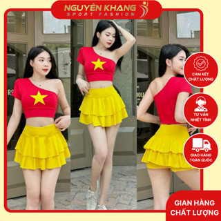 Set Tập Gym Yoga Erobic Áo Croptop Cờ Đỏ Sao Vàng Lệch Vai Kết Hợp Chân Váy.Tặng kèm mut ngực