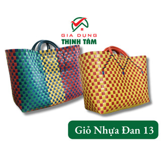 Giỏ nhựa đan 13, làn đan dây nhựa rẻ,4 quai xách giỏ đựng đồ thủ công