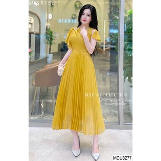  MDU3277 Váy thiết kế thướt tha kiều diễm dáng xòe, chất kiệu tơ óng, không nhăn, dáng xòe xếp li mềm mịn