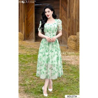  MDU2734 váy chất tơ Hàn hoa nhí, cổ vuông thiết kế xếp ly cao cấp , nhẹ nhàng