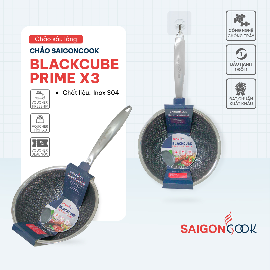 Chảo chống dính Saigoncook Blackcube Prime X3 - Sâu lòng inox 304