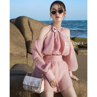 Set áo khoét vai cổ nơ - quần short lưng cạp cao xếp ly K Closet S3006S3007