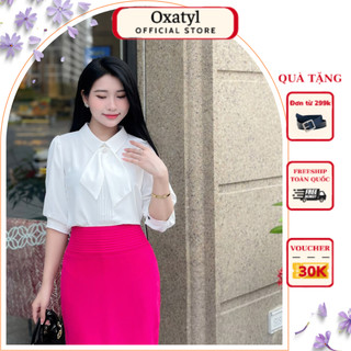 Áo sơ mi nữ công sở chất lụa hàn tay lỡ chất liệu vải mát cổ nơ đính đá sang trọng A510