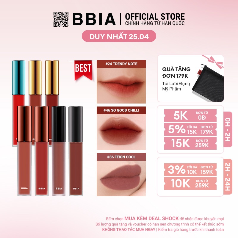 [Best Choice] - Son Kem Lì Bbia Last Velvet Lip Tint (02,12,14,23,24,36,46) 5g - Bbia Official Store