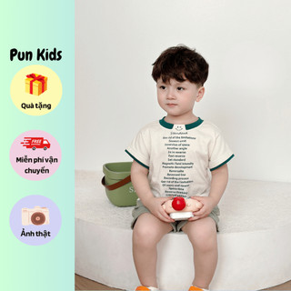 Set bộ cotton cộc tay cổ phối in hoạ tiết chữ cho bé trai từ 09 - 23 kg BD108