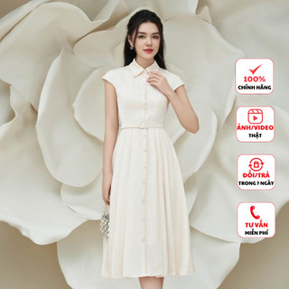 Đầm thiết kế cao cấp FIONA dáng xòe váy xếp ly cổ đức vai chờm vải lụa tuyết nhăn F414020