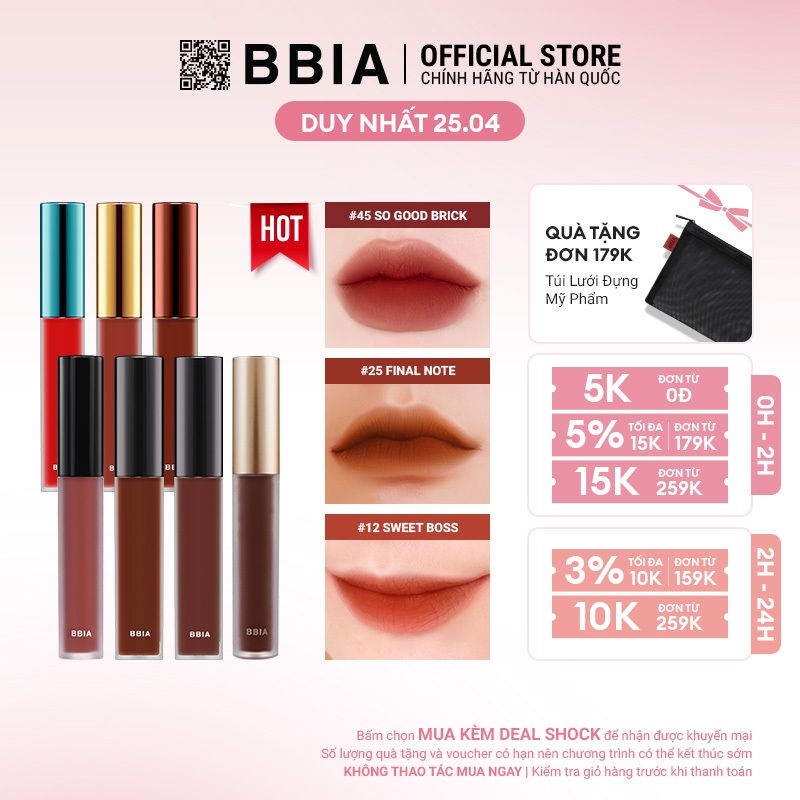 Son Kem Lì Bbia Last Velvet Lip Tint - Màu HOT Nàng Yêu (02, 12, 25, 38, A6, 45, 39) 5g - Bbia Official Store
