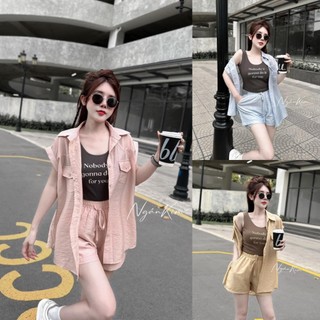 Set bộ đồ nữ 3 món đũi vân mây kèm lót họa tiết chữ tone màu phối siêu xinh diện đi chơi, đi phố hoặc đi biển siêu hot