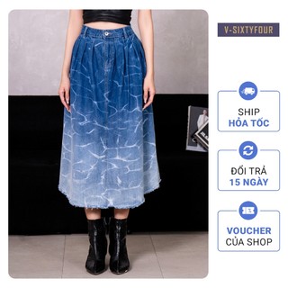 Váy Denim Nữ Dáng Xòe Midi Xếp Ly Laser Họa Tiết Nước V-SIXTYFOUR V64- 223WD2115F1930