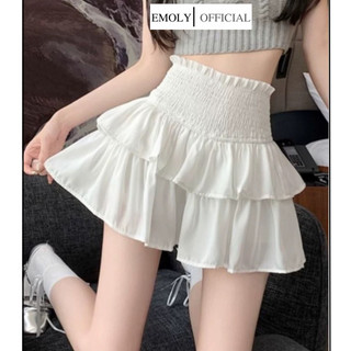 Chân váy bồng 2 tầng phối nhún triết eo viền ren, Chân váy ngắn có quần trong phong cách basic đơn giản