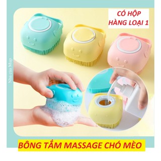 [Loại 1 có hộp] Bàn chải tắm chó mèo, bông tắm đầu silicone mềm tạo bọt massage, có khay đựng sữa tắm cho chó mèo
