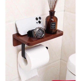 Khay đĩa gỗ có móc treo giấy vệ sinh, để điện thoại, để đồ nhà tắm