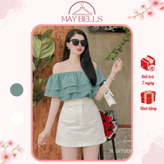 Áo Trễ Vai Đi Biển Croptop Tay Bèo 2 tầng, Áo Bẹt Vai Dáng Ngắn Bèo 2 Tầng Lụa Cát Hàn Dễ Thương