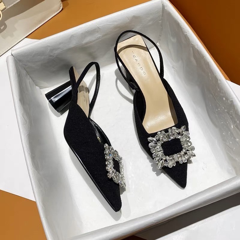 GIÀY SANDAL CAO GÓT MŨI NHỌN ĐÁ VUÔNG GÓT TRỤ 5P