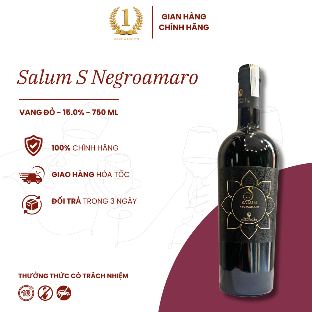 Rượu Vang Đỏ Ý Salum S Negroamaro, Nho Negroamaro Thượng Hạng 15.0% Chai 750ML, Rượu Vang Hà Nội, Rượu Vang Ngon