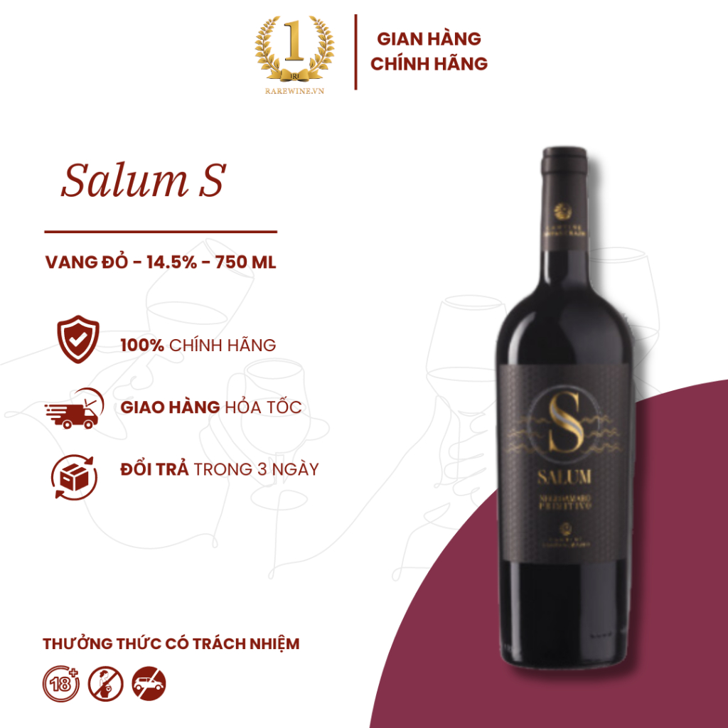 Rượu Vang Đỏ Ý Salum S, Nho Negroamaro, Primitivo Thượng Hạng 14.5% Chai 750ML, Rượu Vang Hà Nội, Rượu Vang Ngon