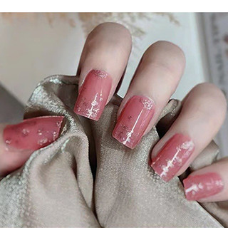 Set 24 móng tay giả dạng thanh dài Hin Nail tông màu hồng ánh nhũ