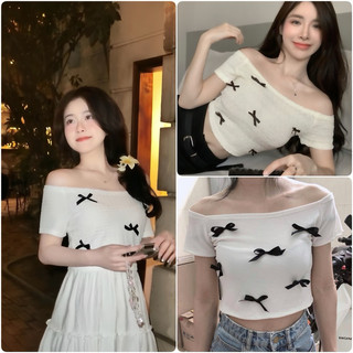 Áo trễ vai croptop nhiều nơ nhỏ màu trắng