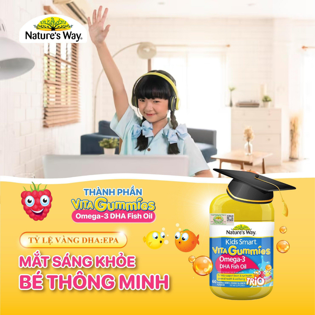 Kẹo dẻo Vi Chất Nature's Way Kids Smart Vita Gummies Omega-3 DHA Fish Oil tăng cường trí thông minh 60 viên