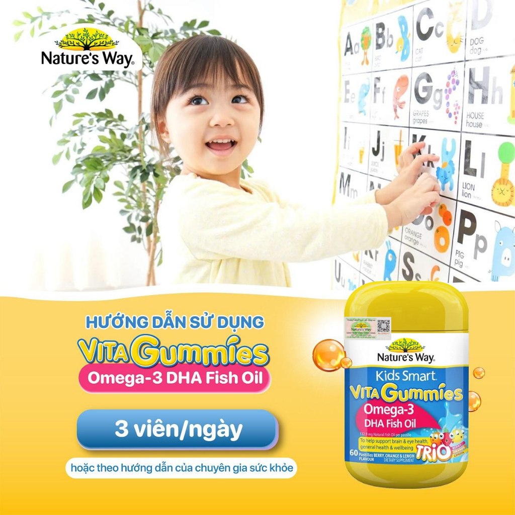 Kẹo dẻo Vi Chất Nature's Way Kids Smart Vita Gummies Omega-3 DHA Fish Oil tăng cường trí thông minh 60 viên