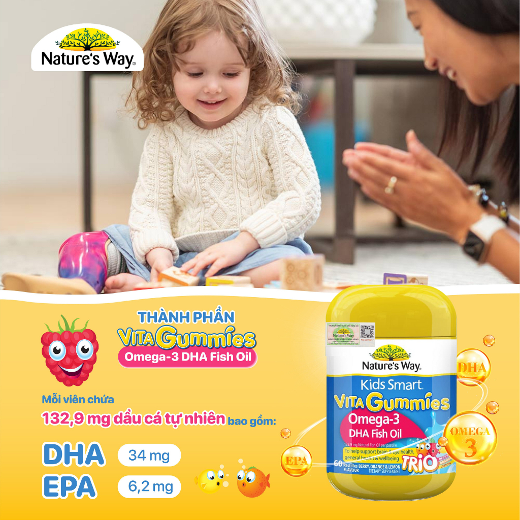 Kẹo dẻo Vi Chất Nature's Way Kids Smart Vita Gummies Omega-3 DHA Fish Oil tăng cường trí thông minh 60 viên
