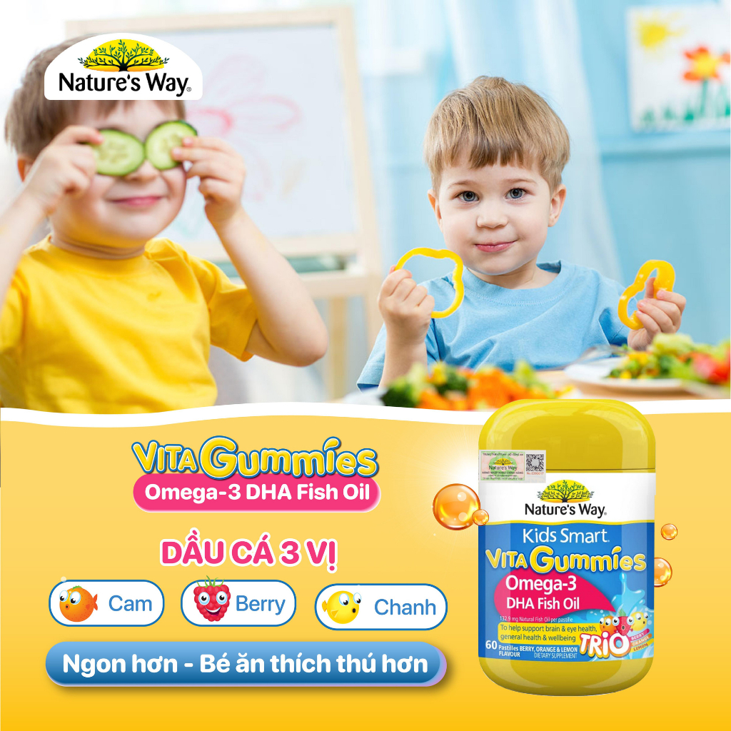 Kẹo dẻo Vi Chất Nature's Way Kids Smart Vita Gummies Omega-3 DHA Fish Oil tăng cường trí thông minh 60 viên