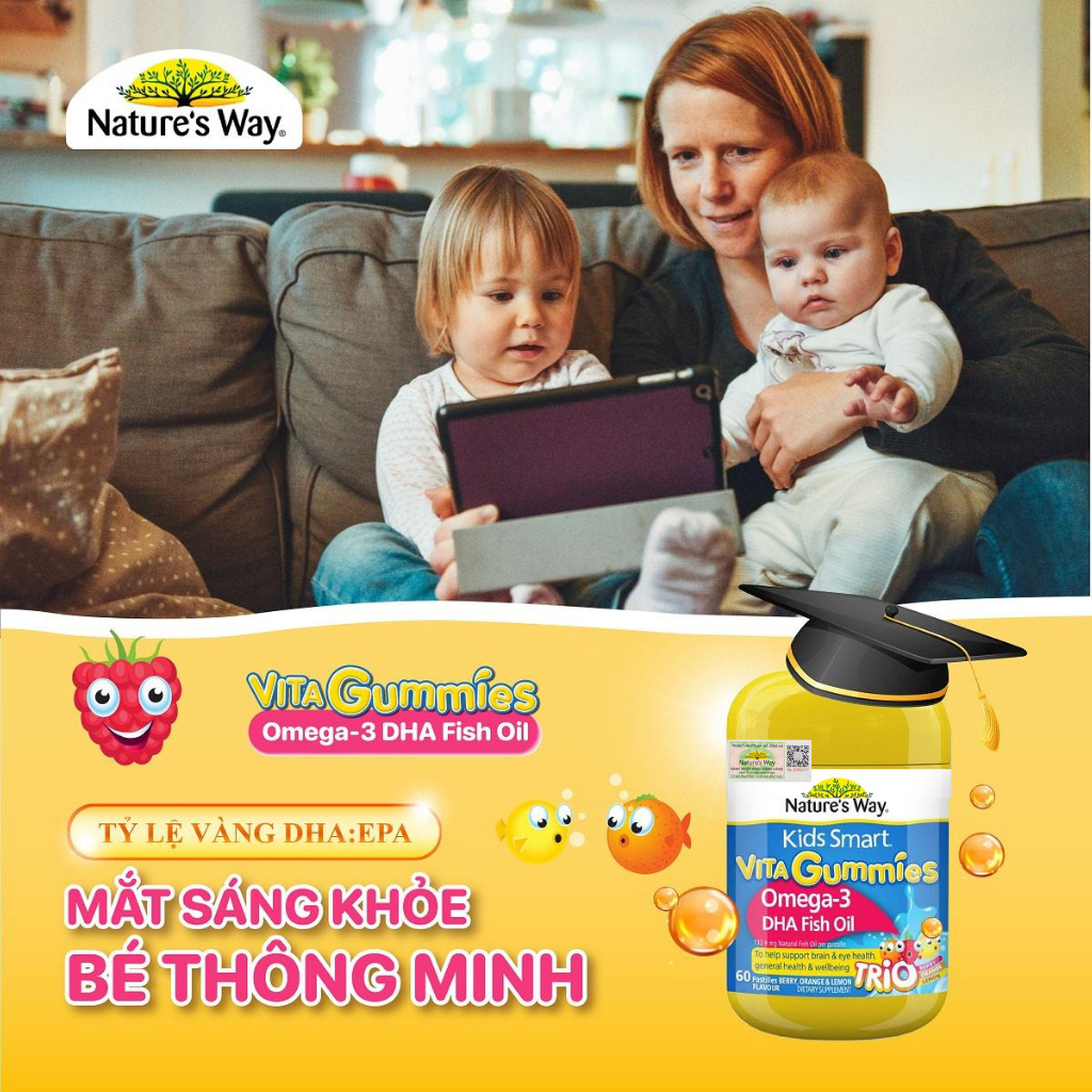 Kẹo dẻo Vi Chất Nature's Way Kids Smart Vita Gummies Omega-3 DHA Fish Oil tăng cường trí thông minh 60 viên