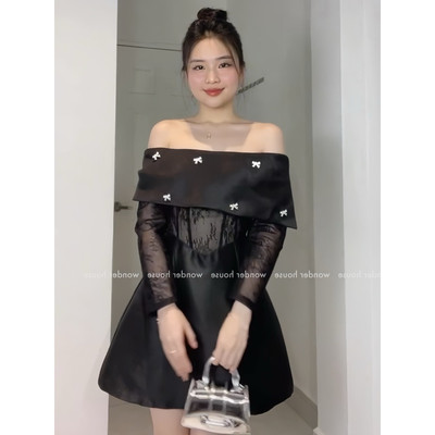 Wonderhouse Cat Dress Đầm trễ vai tay dài phối ren dự tiệc dạo phố sang chảnh