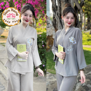 Bộ phật tử vạt chéo thêu hoa sen lụa trượt Quần áo đi chùa truyền thống dài tay Pháp phục đi chùa Thanh lịch