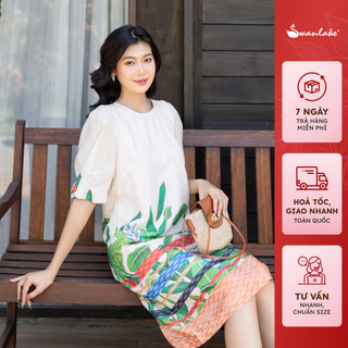  - Váy Đầm Phom Suông A Linen Lụa Cao Cấp Cổ Tròn Tay Bí Hoạ Tiết Hè Trẻ Trung Thoải Mái  - D11013LW04
