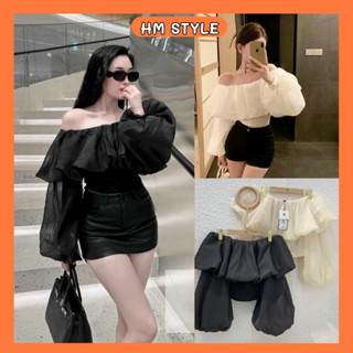 Áo trễ vai tay bồng dáng croptop chất tơ xốp 2 lớp, áo sơ mi croptop hở vai phong cách tiểu thư sang chảnh HA451
