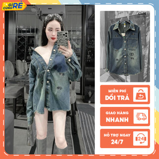 Áo sơ mi bò nữ phối họa tiết cá tính Áo sơmi jeans dáng dài Freesize C&H Clothing