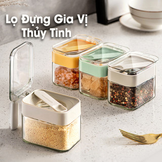 Lọ đựng gia vị thủy tinh kèm thìa sang trọng 300ml, hũ thủy tinh đựng gia vị nhà bếp cao cấp, đóng mở bằng một tay
