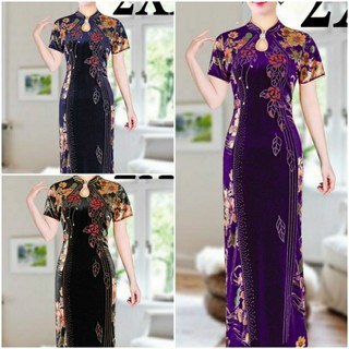Suờn xám cách tân cổ đứng tay ngắn phối nhung ép cườm đính ngọc hoa hồng kết đá, Sườn xám