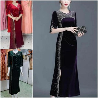 Sườn xám cách tân trung niên đi tiệc vải nhung xẻ tà ép cườm cao cấp, Đầm sườn xám nhung xẻ tà SP188TF - sonfashion