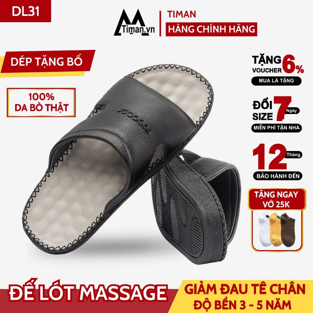 Dép nam quai ngang da bò mềm 2 lớp dép bánh mì quai khâu đế đúc cao su nguyên khối BH 1 năm DL31 Timan