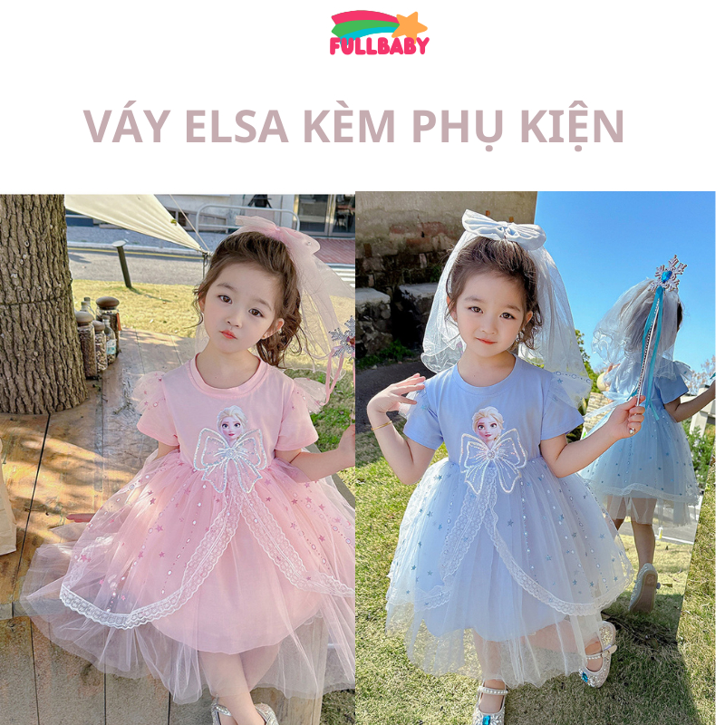 Váy đầm công chúa Elsa Kuromi cộc tay mẫu mới ren kết hợp nơ cho bé gái dễ thương Fullbaby size từ 10-32 kg
