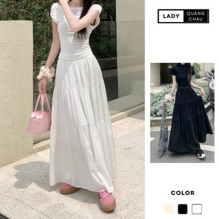 Chân váy midi dáng dài màu trắng form xòe 3 tầng hai lớp cạp chun siêu xinh mặc đi chơi đi biển mùa hè ladyquangchau