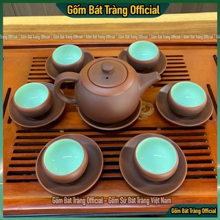 Bộ ấm chén tử sa chỉ đỏ chén xanh, bộ ấm trà tử sa bát tràng cao cấp
