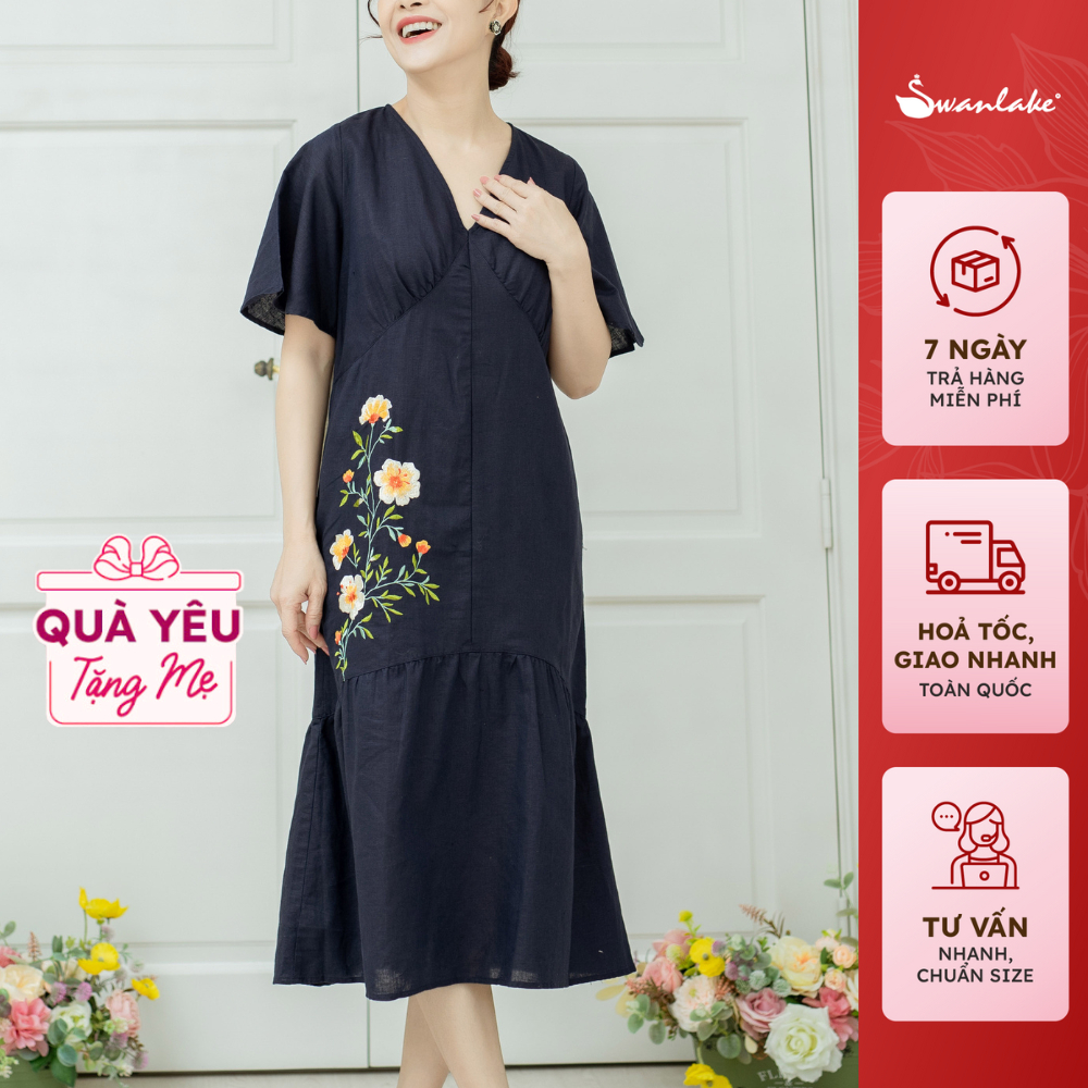 SWANLAKE | Váy Đầm Trung Niên Phom Suông Đuôi Cá Thêu Hoa Cổ Tim Tay Xòe Vải Linen Tưng Mát Cao Cấp Tặng Mẹ - D10617LW01