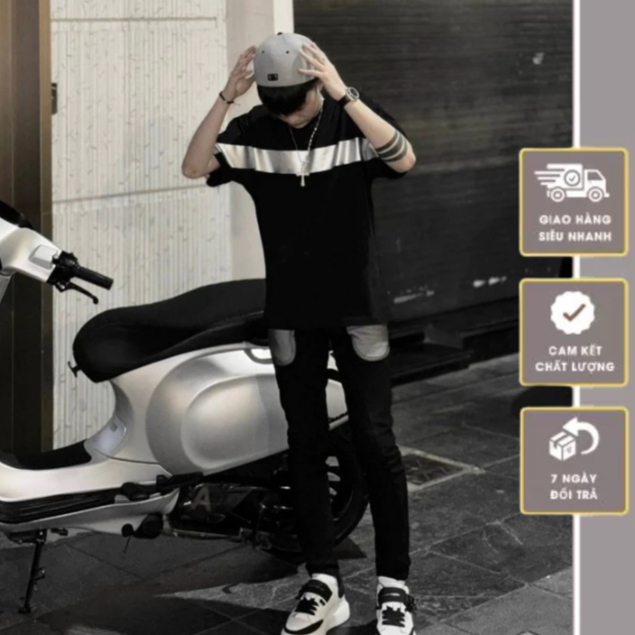Áo phông nam nữ Premium Cotton Dolce Level thêu vạch bạc ngang thân cổ bo dày dặn logo viền, Áo Phôn