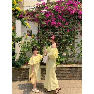 Đầm đôi mẹ bé đi biển màu vàng (mua 1 set tặng tuban mẹ bé)