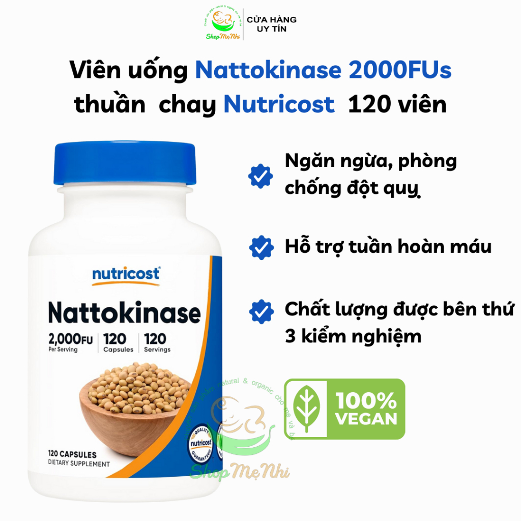 Viên uống Nattokinase 2000Fu thuần chay phòng ngừa đột quỵ nutricost 120 viên.