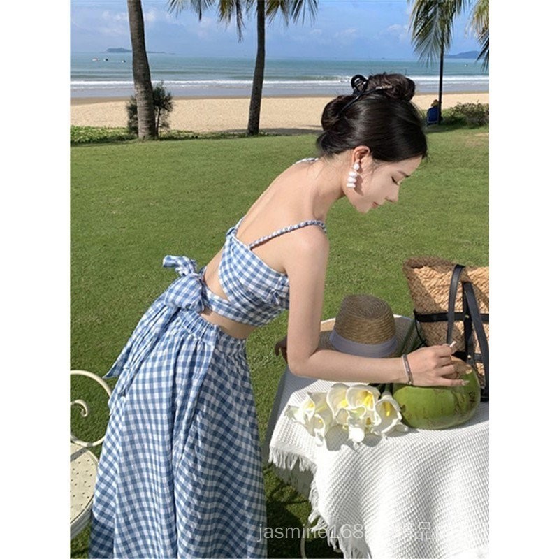 Váy Đi Biển - Áo Bikini Thắt Nơ Lưng Mix Với Chân Váy Maxi Dáng Dài Kẻ Caro Siêu Hot Đi Biển, Du Lịch Gin62.store | BigBuy360 - bigbuy360.vn