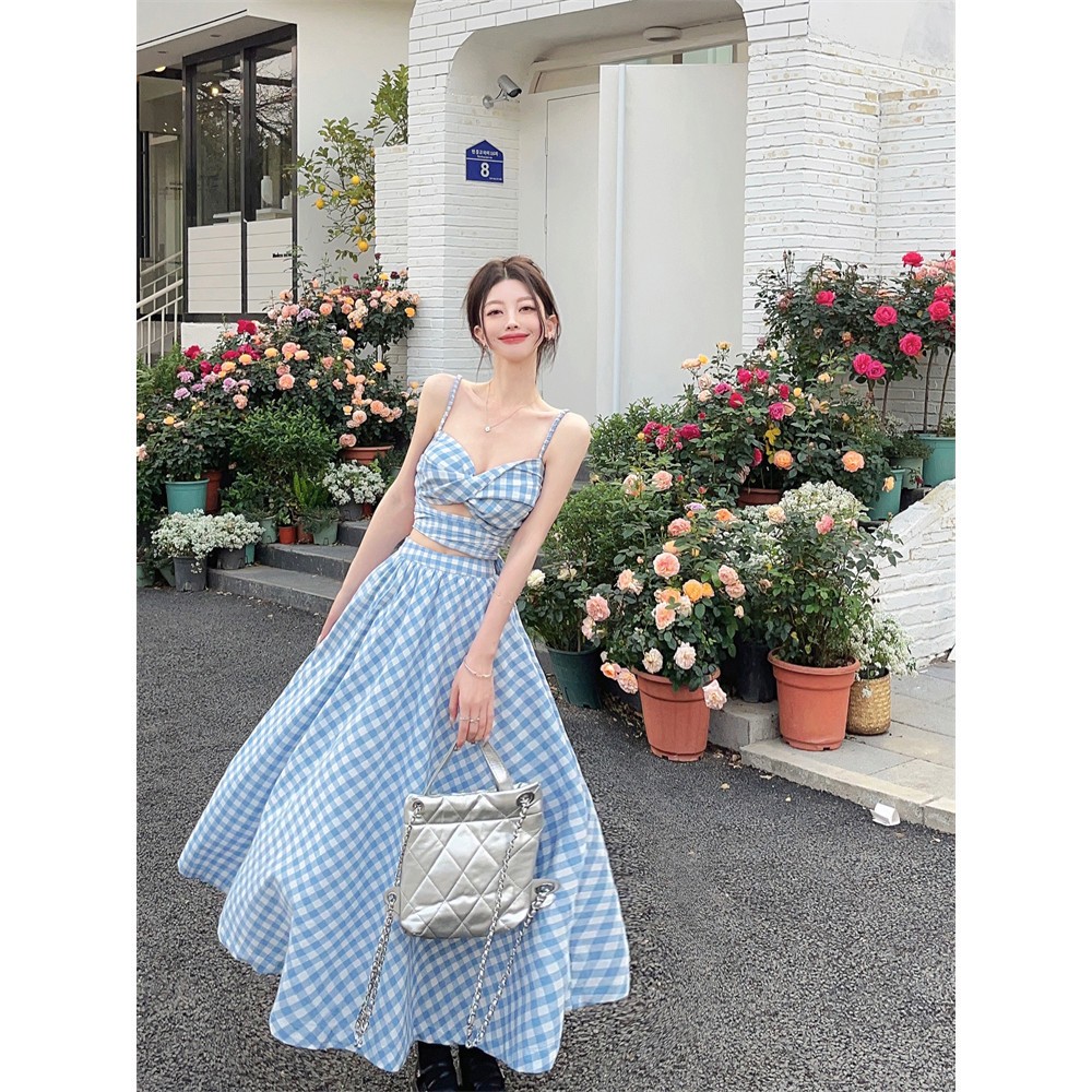Váy Đi Biển - Áo Bikini Thắt Nơ Lưng Mix Với Chân Váy Maxi Dáng Dài Kẻ Caro Siêu Hot Đi Biển, Du Lịch Gin62.store | BigBuy360 - bigbuy360.vn